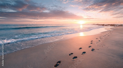 Tranquil Beach Scene at Sunrise with Footprints in the Sand and Gentle Waves Lapping the Shoreline