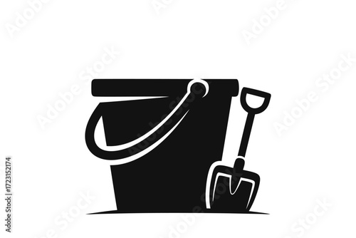 Black silhouette of beach bucket and shovel on white background. Clipart image.