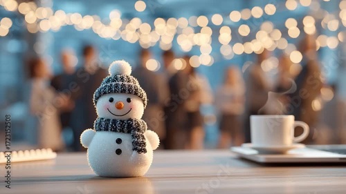 New year celebration in the office. A snowman on the desk in the office at a new year party.