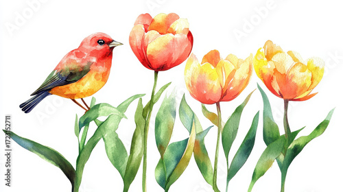 Crimson Finch with Tulips: A charming illustration of a vibrant crimson finch perched delicately, accompanied by a quartet of luminous tulips.