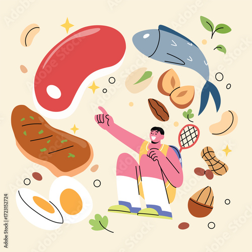 Male Character Sitting Among Protein-Rich Foods Like Meat, Fish, Eggs, Nuts, and Seeds in Flat Modern Illustration