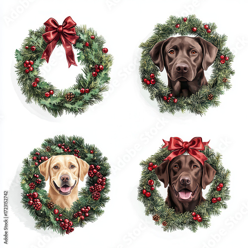 Festive Puppy Portraits: Charming canine companions framed within Christmas wreaths adorned with red ribbons and festive berries, capturing the joyful spirit of the holiday season.