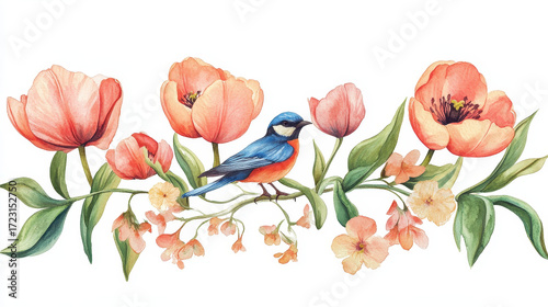 Floral Harmony: A delicate arrangement of vibrant orange tulips and petite blossoms frames a whimsical blue bird perching gracefully, presenting a stunning watercolor composition of natural beauty.