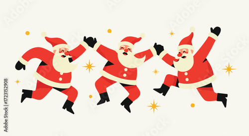 Joyful Santas dancing in festive holiday celebration, spreading Christmas cheer with vibrant energy and playful movement