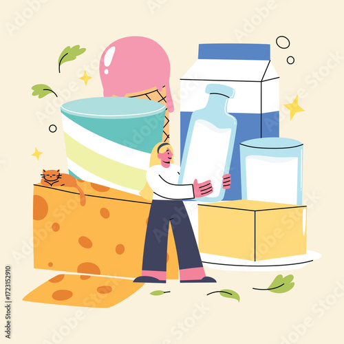 Women Character Carrying Milk Carton Surrounded by Cheese, Yogurt, Cream, and Dairy-Based Food Items in Flat Style