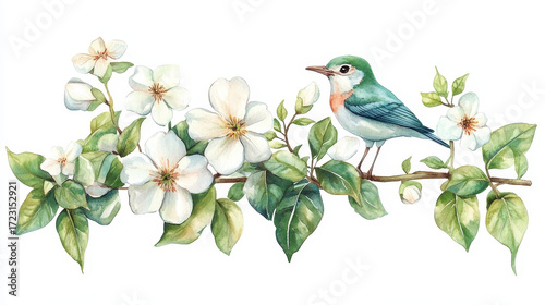 Blossom Branch with a Tiny Bird: Delicate blossoms and verdant foliage frame a tiny avian perched gracefully, creating an image of refined elegance. 