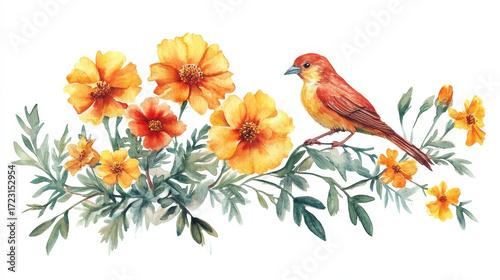 Blossom and bird: Capturing the serenity of a bird perching on a floral arrangement. Illustrating the beauty of nature's harmony with vibrancy of life.