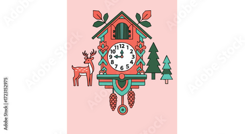 Whimsical cuckoo clock with deer and trees in a folk art style brings a touch of charming nostalgia to your designs and crafting projects