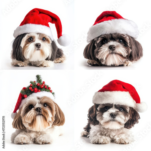 Festive Puppies: Four adorable puppies, each wearing a Santa hat, radiate holiday cheer in a heartwarming collage, perfect for spreading joy.