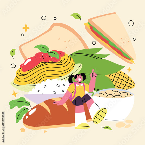 Female Character Surrounded by Sandwich, Pasta, Corn, Rice, and Bread Representing Carbohydrate Food Group