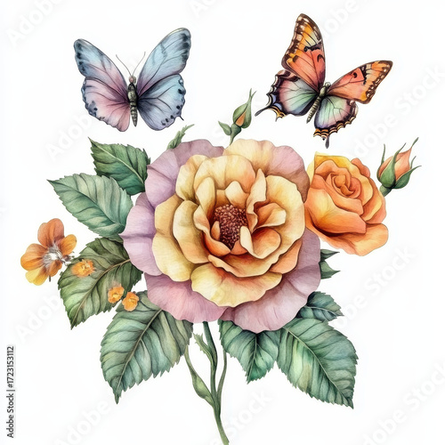 Floral Watercolor Symphony: An exquisite watercolor painting showcases delicate flowers and graceful butterflies in a harmonious arrangement, exuding natural beauty and artistic charm.