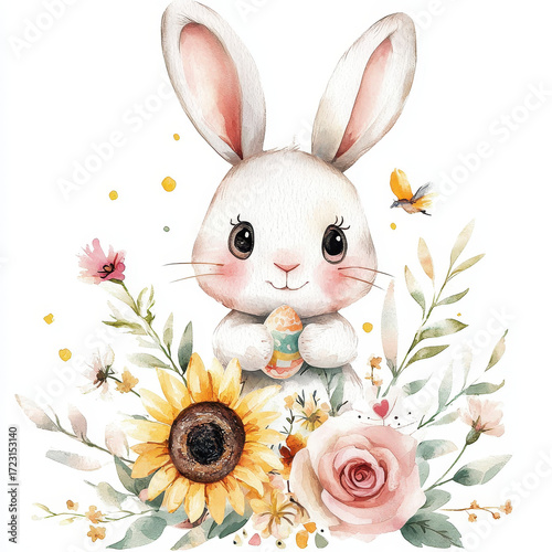 Easter Bunny Amidst Floral Embrace: A charming watercolor illustration of a cheerful bunny holding a decorated egg, surrounded by a vibrant array of flowers, embodying the spirit of Easter and spring.