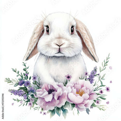Enchanting Bunny with Flowers: A charming illustration featuring a sweet bunny surrounded by vibrant, pastel-colored flowers, creating a whimsical and delightful scene.