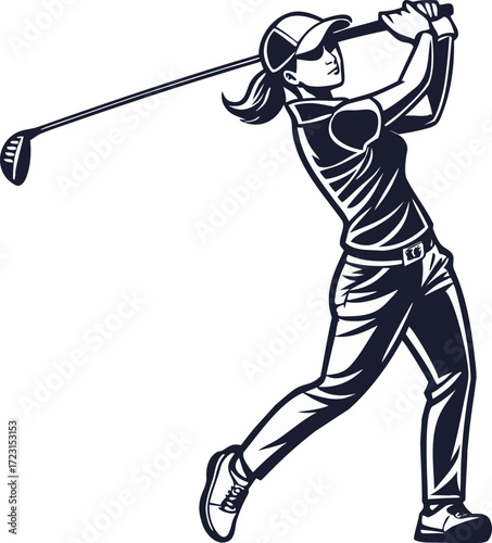Realistic Woman Golfer Illustration. Female Golf Player in Action Design. Professional Woman Playing Golf Artwork. Elegant Lady Golfer Swing Pose. Athletic Woman Golfer Sports Illustration