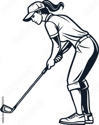 Realistic Woman Golfer Illustration. Female Golf Player in Action Design. Professional Woman Playing Golf Artwork. Elegant Lady Golfer Swing Pose. Athletic Woman Golfer Sports Illustration