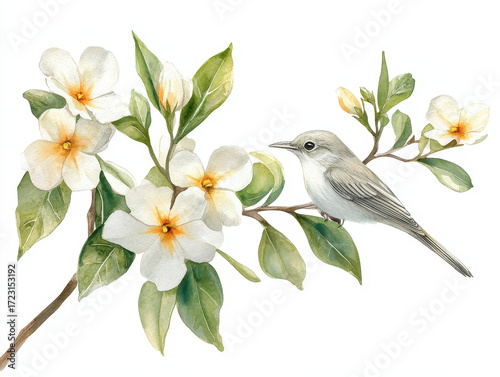 Spring Symphony: A watercolor illustration of a delicate bird perched on a blossoming branch, bringing the serene beauty of nature and the freshness of spring into full bloom.