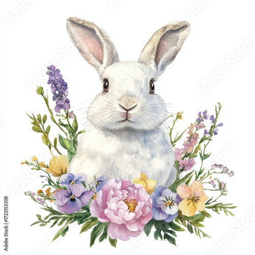 Springtime Bunny: A serene, snow-white bunny, adorned with vibrant, blossoming flora. This illustration evokes the essence of springtime.