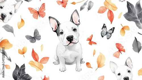 Playful Puppy Surrounded by Nature: A charming, illustration depicts a cute puppy amidst butterflies and leaves, inviting viewers to revel in the whimsical beauty of this scene.