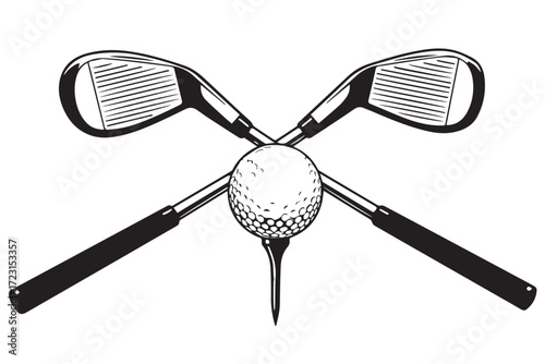 Two crossed golf clubs and a golf ball on a tee, isolated on Transparent Background