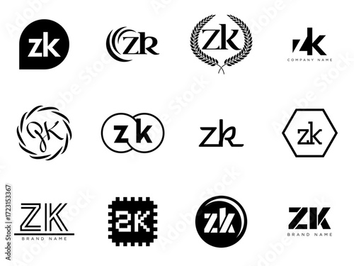 ZK logo company template. Letter z and k logotype. Set different classic serif lettering and modern bold text with design elements. Initial font typography.