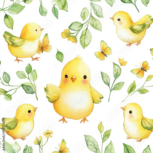 Charming Baby Chickens: Delightful watercolor illustration of baby chickens, butterflies, and foliage, creating a whimsical scene.
