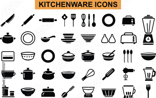 Diverse Kitchenware Icon Set Featuring Essential Cooking Utensils and Appliances for Culinary Enthusiasts and Professional Chefs