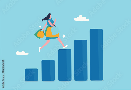 Customer lifetime value, calculation or key metric to analyze cost to acquire new customer, advertising or marketing cost concept, young customer woman with shopping bags walk on CLV graph and chart