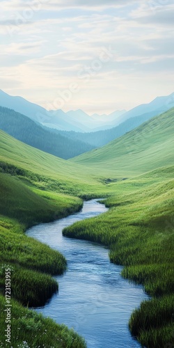 River runs through a lush green valley with mountains in the background