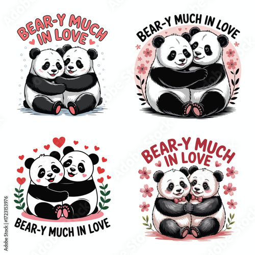 Two pandas hugging with hearts and flowers love couple