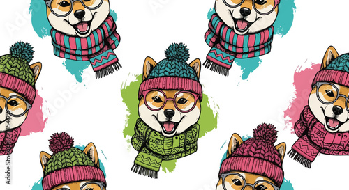 Trendy Shiba Inu pattern featuring winter hats and scarves, adorable dog faces for holiday designs and cozy winter themes perfect for a festive mood