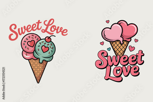 Pink and mint ice cream cones with hearts vector