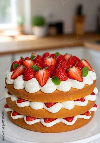 Layered Strawberry Cake with Whipped Cream.