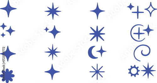 Collection of blue starbursts sparkles and celestial icons on white background vector