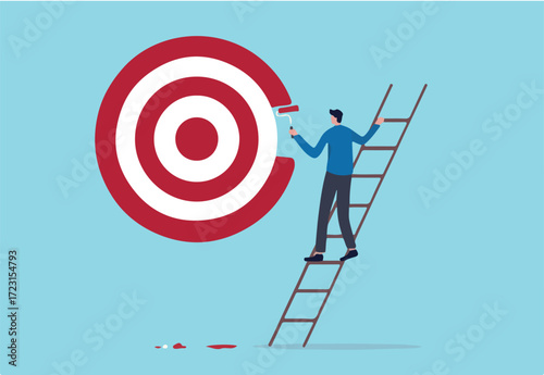 Purpose, set business goal or target, KPI, key performance indicator or set objective and achievement concept, ambitious businessman on ladder using paint roller to paint big dartboard, archery target