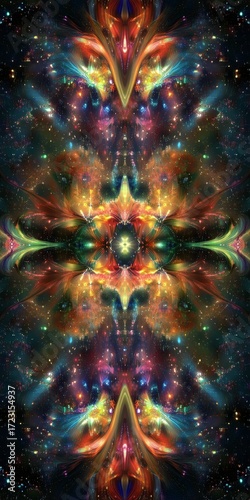 Colorful, abstract painting of a flower with a large eye in the center. The painting is full of bright colors and seems to be inspired by the beauty of the universe