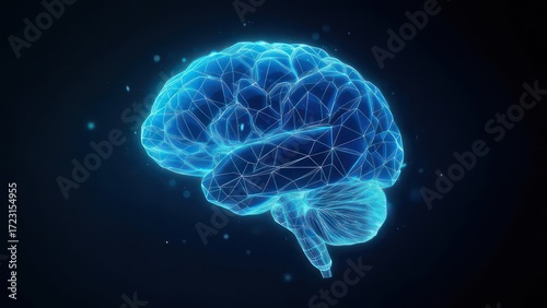 Stunning 3D digital rendering of a luminous blue brain, symbolizing knowledge, ideas, and complex thought processes in a dark, abstract space.