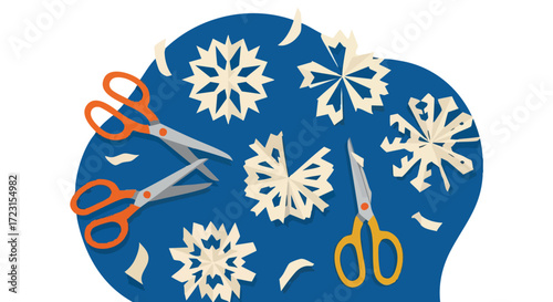 Crafting festive paper snowflakes with scissors and paper scraps, perfect for seasonal DIY projects and holiday decorations