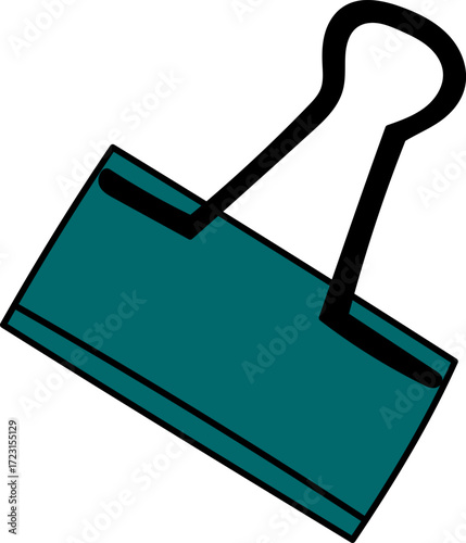 A teal binder clip with black handles on a white background