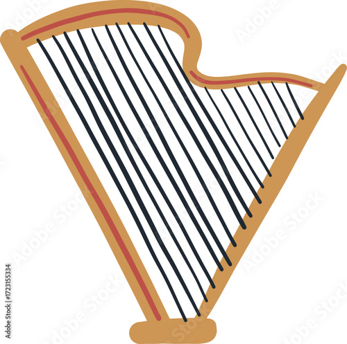 A stylized illustration of a harp with goldenbrown wood and red accents