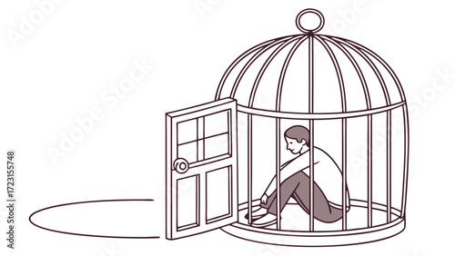 A Depressed Person Trapped Inside a Birdcage with Open Door