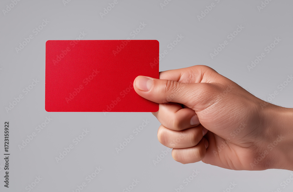 Obraz premium Close-up of a hand holding a red card, isolated on a white background, in a minimalistic style