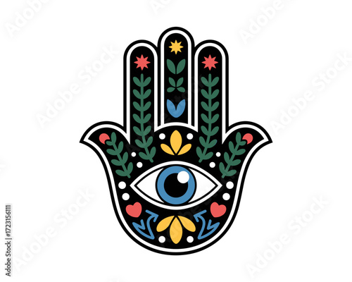 Hamsa hand with floral design and eye symbolizing protection and luck  