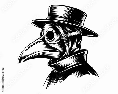 Plague doctor in vintage hat and mask illustrated in black and white  