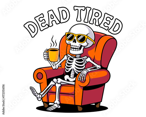 Cartoon skeleton sitting in an armchair while holding a coffee mug - Concept of typographic art design  