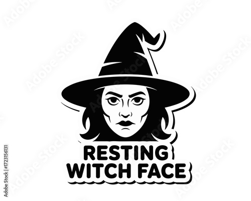 Woman with witch hat showing resting witch face in illustration  