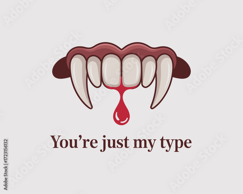 Stylized vampire fangs with blood and text in typographic art design  