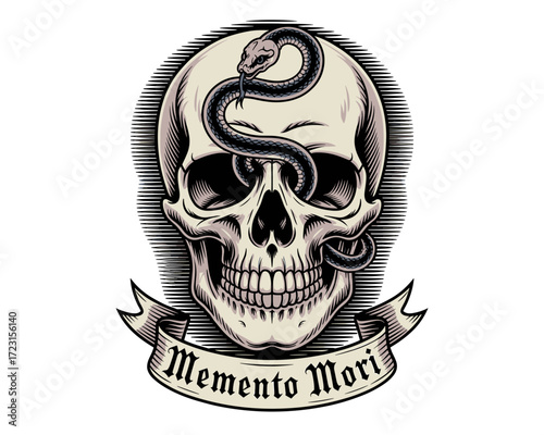 Skull illustration with snake and Memento Mori text in monochrome  