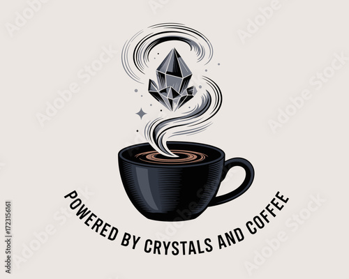 Black coffee cup with crystal design and swirling steam concept of typographic art design  