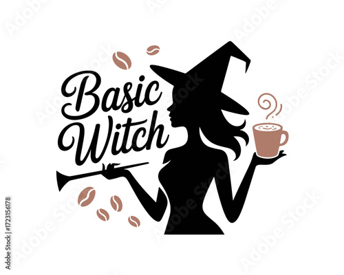 Silhouette of a witch holding coffee cup with 'Basic Witch' design  