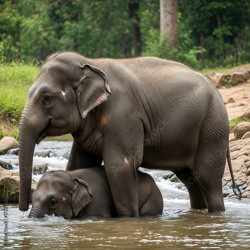 Asian Elephants Bathing in a Stream.